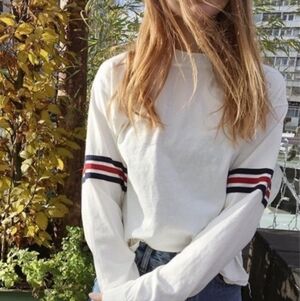 Brandy Melville Gretchen White Long Sleeve Tee, Stripe Accent, EUC OS/S